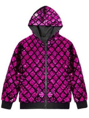 Rose Red Shiny Sequin Hooded Zip Jacket